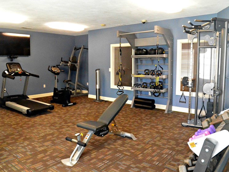 Fitness center with cardio equipment, weight machines, free weights, and television